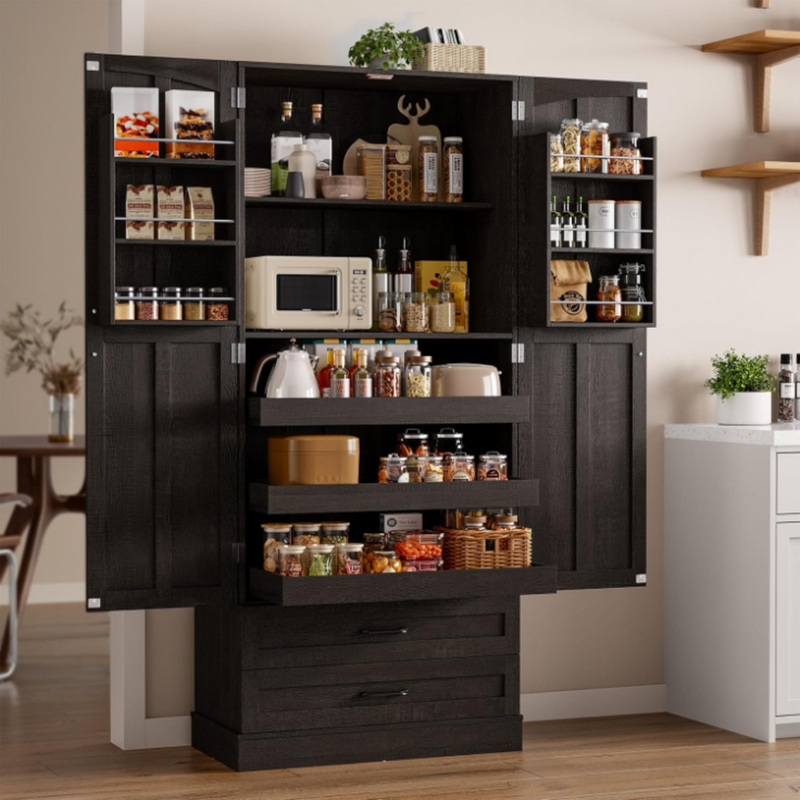71 Inch Farmhouse Kitchen Pantry Storage Cabinet with 3 Pull-Out Shelves & 2 Large Drawers, adjustable Shelf
