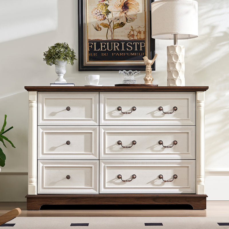 6 Drawer Dresser, Farmhouse Style Storage Dresser Organizer with Base Wooden Rustic Chest of Drawers
