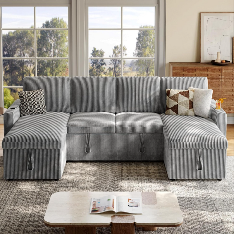 101 Inch U-Shaped Sleeper Sofa Couch with Pull Out Bed, Corduroy Sectional Sofa Bed Couch with Double Storage Chaise, 2 Charging Ports, Cup Holder