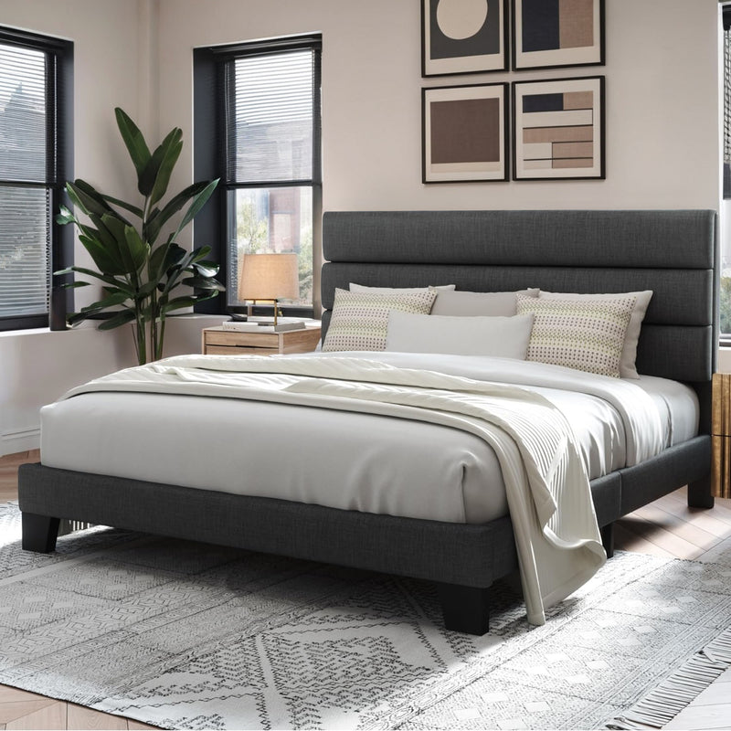 Platform Bed Frame with Fabric Upholstered Headboard and Wooden Slat Support, No Springs Required