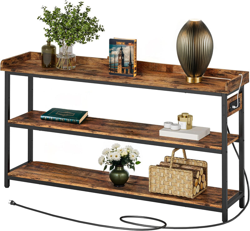 55" Console Table Height Adjustable with Power Outlet, for Entryway Living Room, Rustic Brown