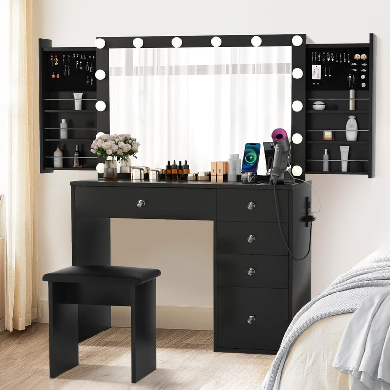 Vanity with Lighted Mirror and Sliding Storage Cabinet, Electrical Outlet, 3 Lighting Modes Adjustable Brightness