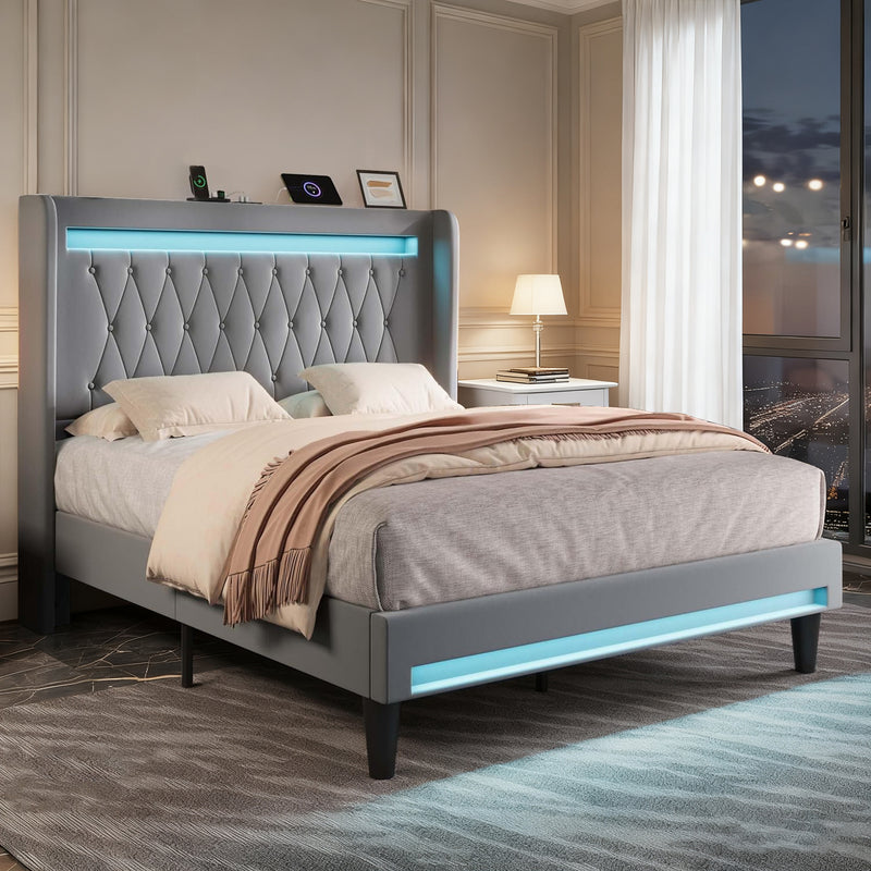 LED Velvet Upholstered Platform Bed Frame with Charging Station, Tufted Wingback High Headboard, No Box Spring Needed