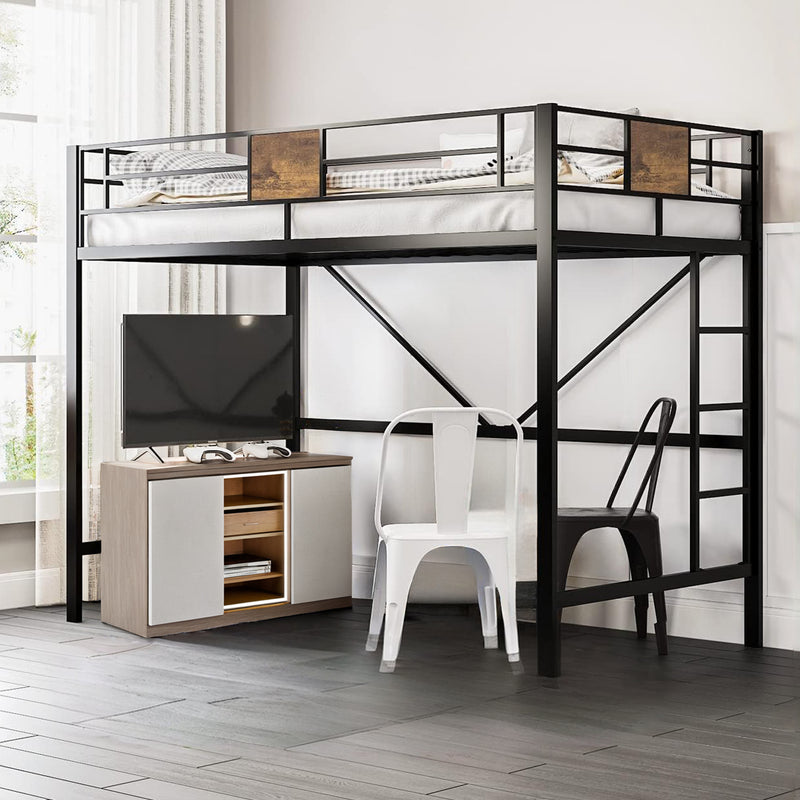 Twin Size Bed Space-Saving Loft Bed Frame with Stairs and Guardrail
