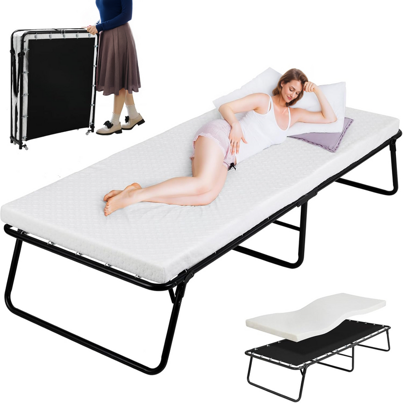 Adult Folding Bed Portable Bed with Wheels, Metal Bed Frame with Memory Foam Mattress, No Assembly Needed