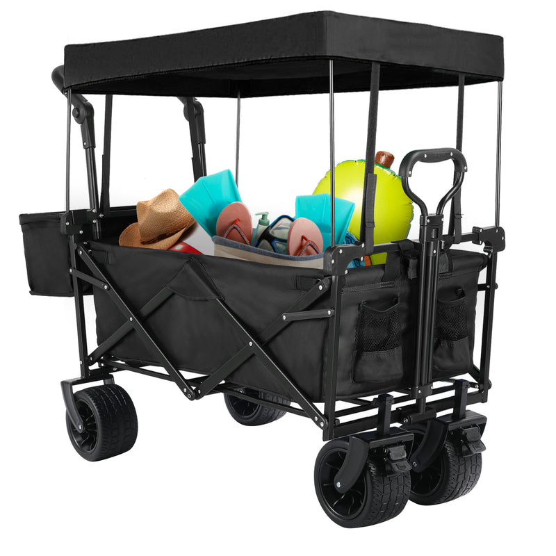 Folding Wagon All-Terrain Wheels Camping Cart with Canopy and Basket