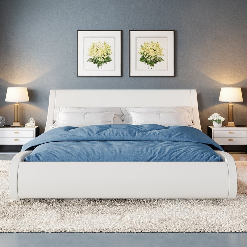 Upholstered Platform Bed Frame Modern Low Profile Sleigh Bed with Faux Leather Adjustable Headboard, Wood Slat Support, Ergonomic Bed Frame