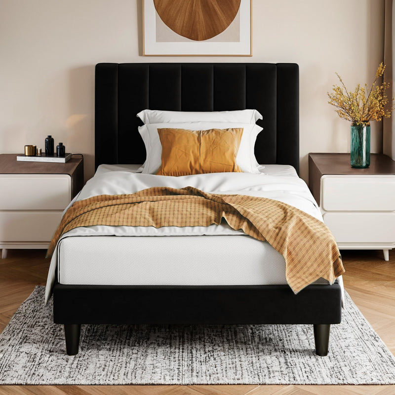 Twin Velvet Upholstered Platform Bed Frame with Vertical Channel Tufted Headboard, Strong Wood Slat Support, No Box Spring Needed