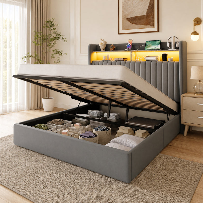 Lift Up Storage Bed Frame with Charging Station & LED Lights, Upholste ...