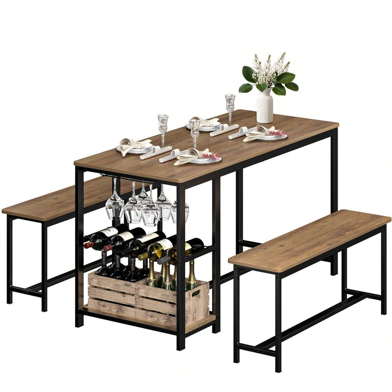 55 inch Kitchen Dining Table Set with 2 Benches, Storage Shelf, Wine Glass Rack