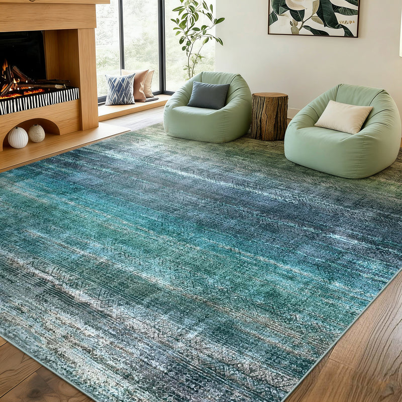Teal Abstract Area Rug, Washable Non-Slip Modern Carpet for Bedroom, Living Room & Home Decor