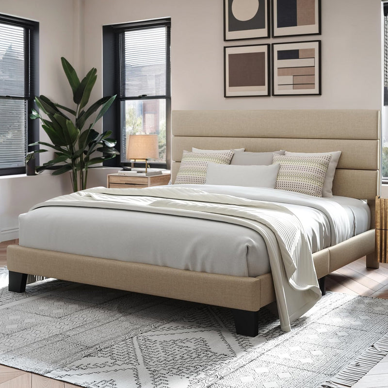 Platform Bed Frame with Fabric Upholstered Headboard and Wooden Slat Support, No Springs Required