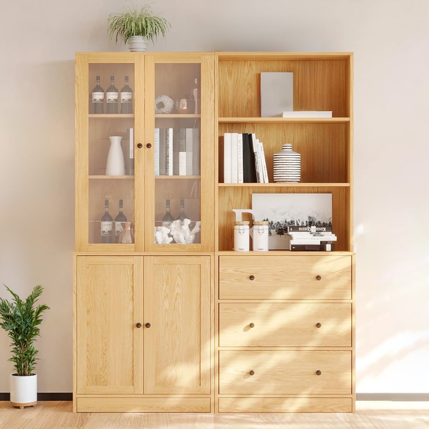 Combination Bookcase 2-Piece Set, 71-inch Bookcase with Drawers Shelve ...