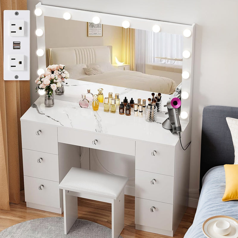 44 inch Makeup Vanity Desk with Lighted Mirror, Power Outlet, 7 Drawers, 3 Brightness