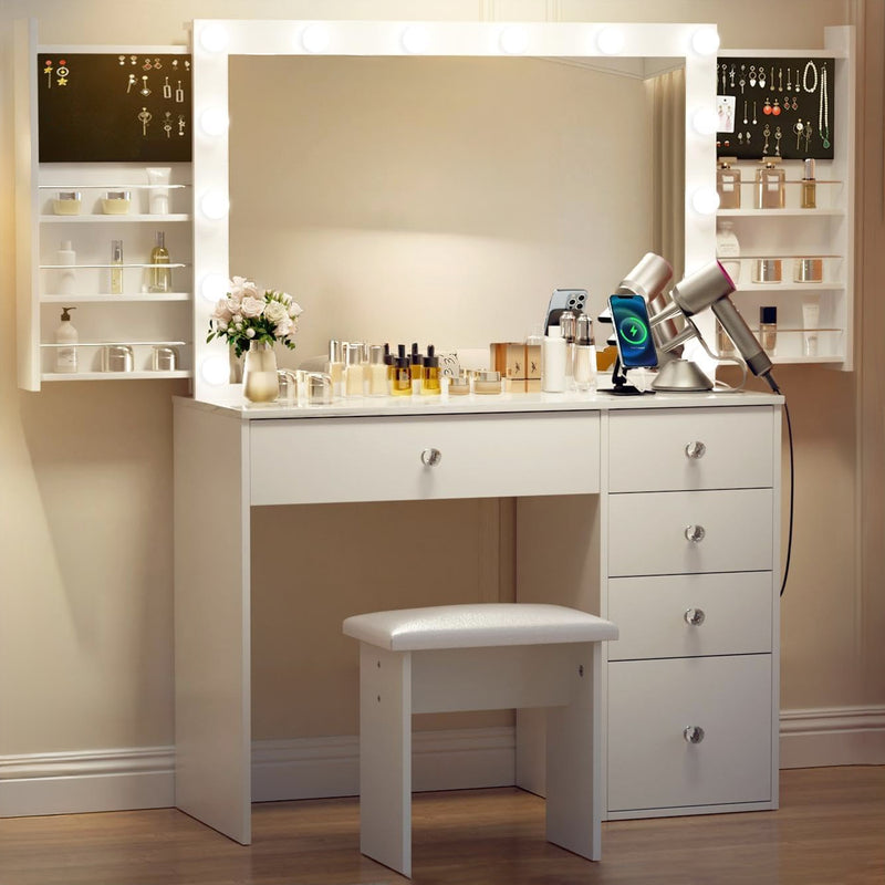 Vanity with Lighted Mirror and Sliding Storage Cabinet, Electrical Outlet, 3 Lighting Modes Adjustable Brightness