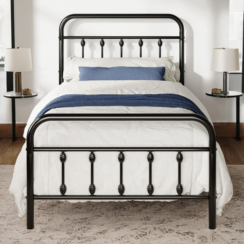 Twin Size Metal Platform Bed Frame with Victorian Style Iron-Art Headboard Mattress Foundation Under Bed Storage