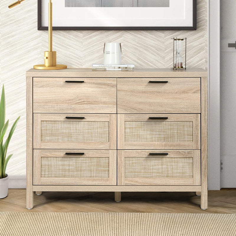 OHWILL Rattan Drawer Dresser Wood Storage Chest of Drawers Double Drawer Dresser