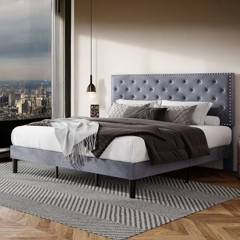 Velvet Upholstered Bed Frame with Adjustable Button Tufted Headboard, Slats Support, No Box Spring Needed