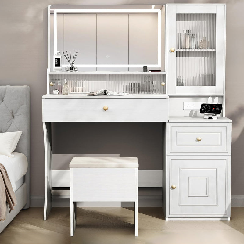 Vanity Table Set with LED Mirror, Drawers, Power Outlet, Storage Cabinet, Storage Stool