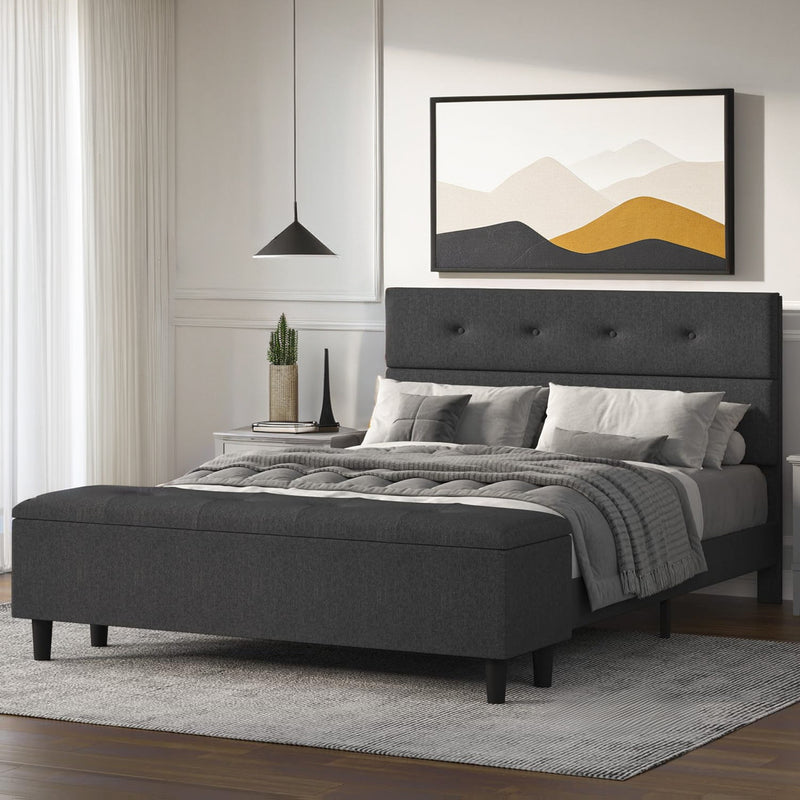 Queen Bed Frame with 120L Ottoman Storage, Upholstered Headboard, No Box Spring Needed