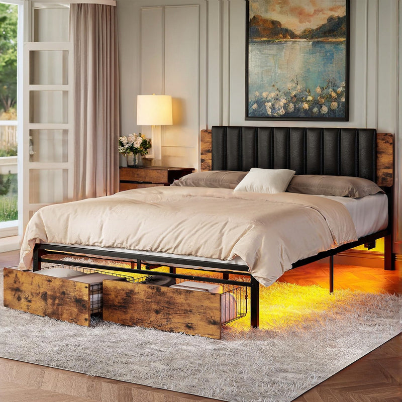Platform Bed Frame with Removable PU Leather headboard, Charging Station, Drawers