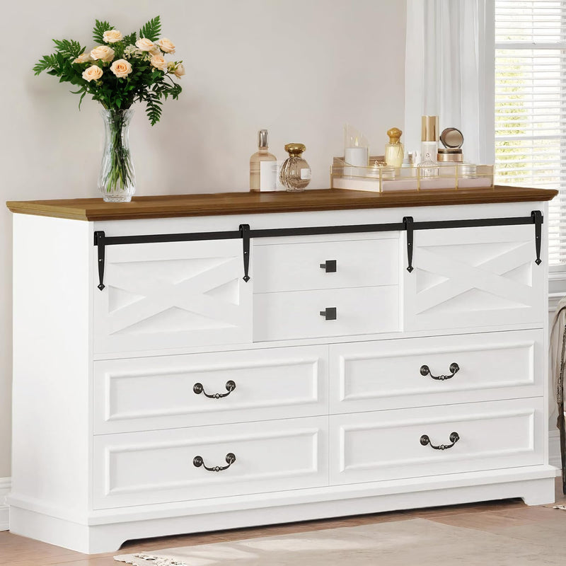 Farmhouse 6 Drawers Dresser, 55.1" Large Drawers, Wooden Chest of Drawers with Sliding Barn Door