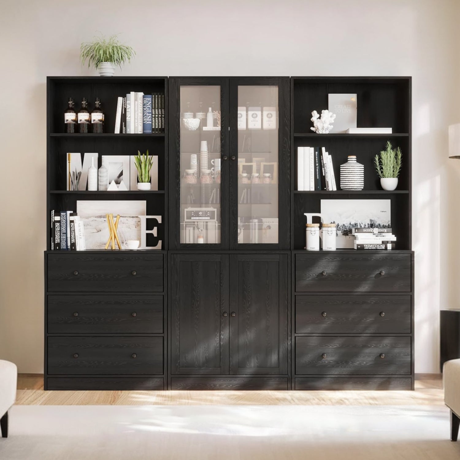 Combination Bookcase 3-Piece Set, 2pcs 71-inch Bookcase with Drawers S ...