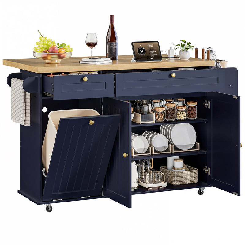 Kitchen Island Cart with Trash Can Storage, Kitchen Storage Cabinet on Wheels