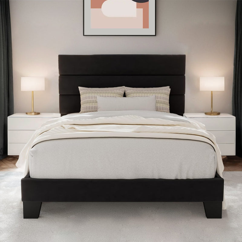 Twin Size Velvet Bed Frame Platform Bed Frame with Velvet Upholstered Headboard and Wooden Slats Support, Fully Upholstered Mattress Foundation