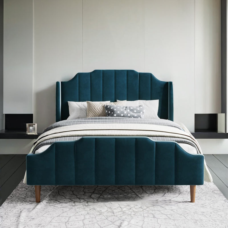 Velvet Upholstered Queen Size Bed Frame with Modern Arc Headboard, Strong Wood Slats