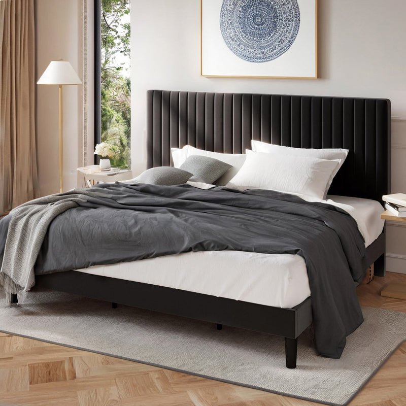 Velvet Upholstered Platform Bed Frame with Vertical Line Tufted Wingback Headboard, Strong Wooden Slats, and No Box Spring Needed