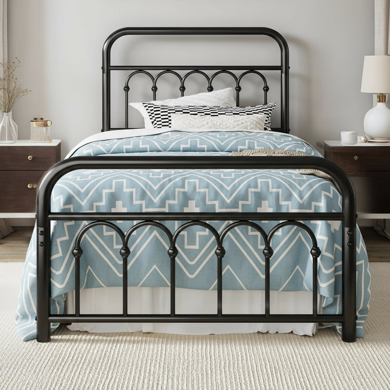 14” Twin Size Victorian Metal Platform Bed Frame with Curved Iron Headboard & Footboard, Under Bed Storage, No Box Spring Needed