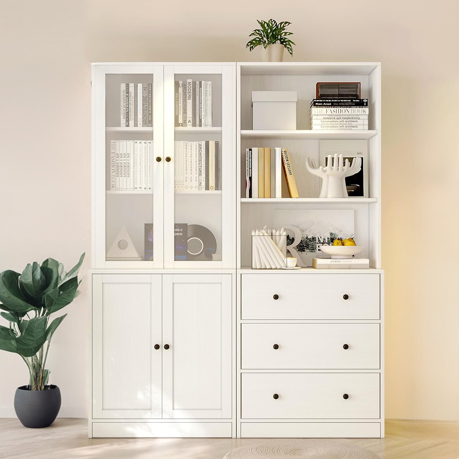 Combination Bookcase 2-Piece Set, 71-inch Bookcase with Drawers Shelve ...