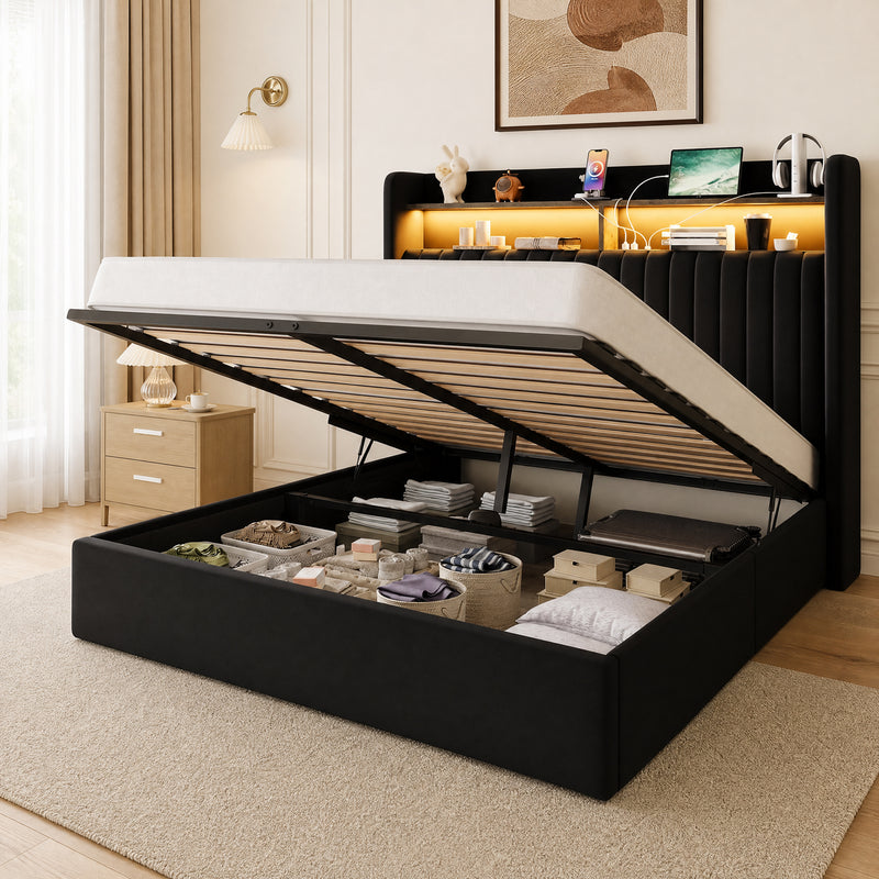 Lift Up Storage Bed Frame with Charging Station & LED Lights, Upholste ...