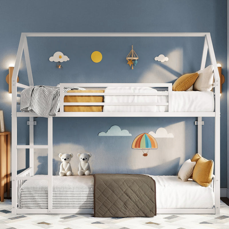 Bunk Bed House Bunk Bed Frame with Ladder and Guardrail, House Shaped Loft Bed with Metal Slats