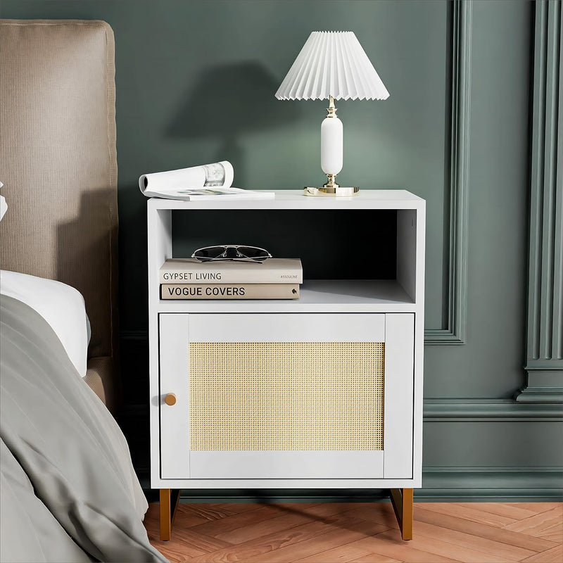 Rattan Nightstand with Door, End Table with Storage, Side Table with Open Space, Bed Side Table for Bedroom, White