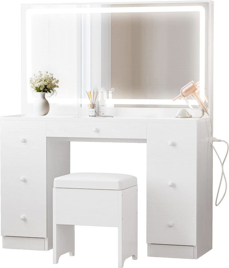 Makeup Vanity Dressing Desk Set with LED Lighted Mirror & Power Outlet, 7 Drawers