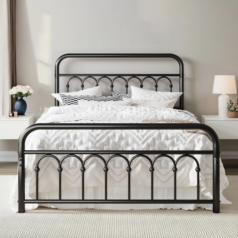 14” Victorian Metal Platform Bed Frame with Curved Iron Headboard & Footboard, Under Bed Storage, No Box Spring Needed