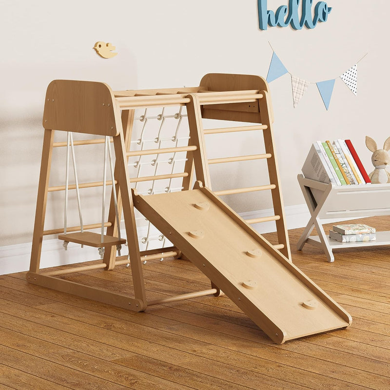 Indoor Wooden Climbing Toys for Kids 6 in 1 Kids Playground Jungle Gym with Swing, Ramp, Rope Wall, Monkey Bars, Ladder, Ages 3+