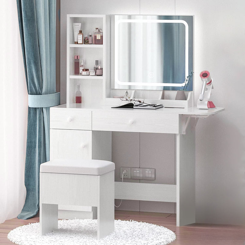 Vanity Desk with Drop Leaf, Power Outlet, LED Lighted Mirror and Storage Stool