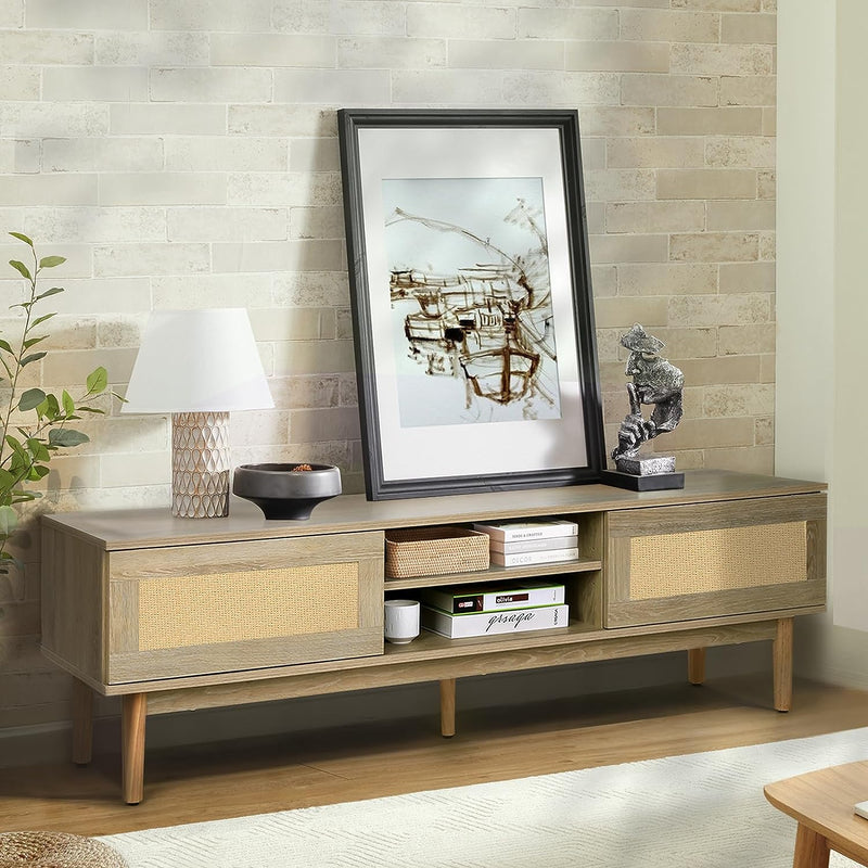 Rattan TV Stand up to 65 inches TV, Handcrafted TV Media Console with Sliding Doors and Solid Wood Legs