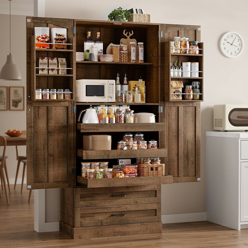 71 Inch Farmhouse Kitchen Pantry Storage Cabinet with 3 Pull-Out Shelves & 2 Large Drawers, adjustable Shelf