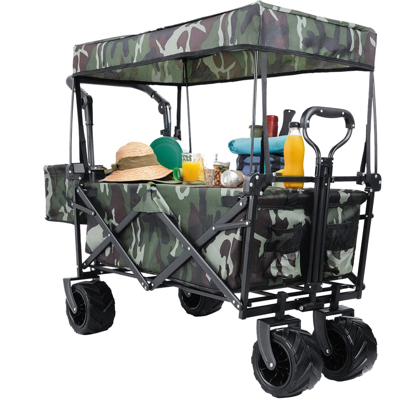 Folding Wagon All-Terrain Wheels Camping Cart with Canopy and Basket