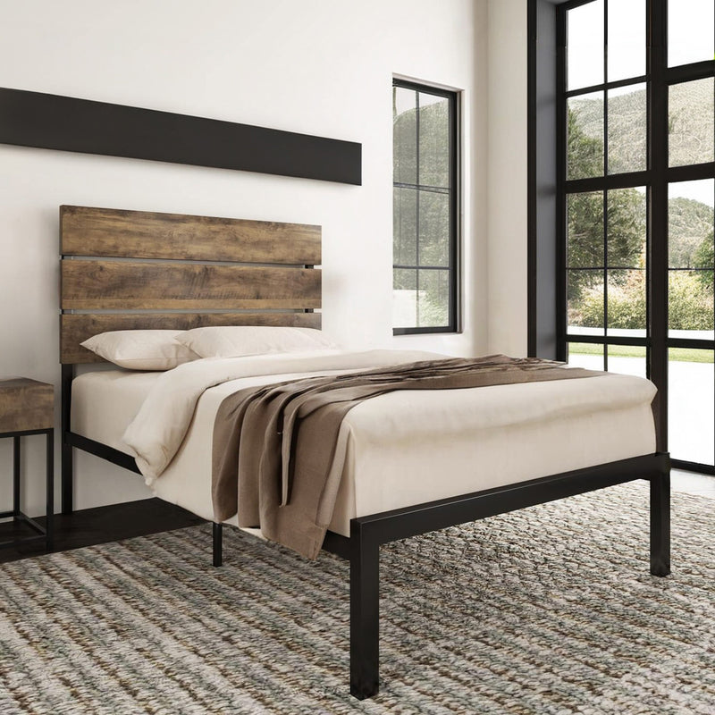 Platform Bed Frame with Wooden Headboard and Metal Slats, Queen/Full