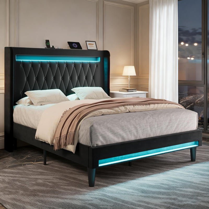 LED Velvet Upholstered Platform Bed Frame with Charging Station, Tufted Wingback High Headboard, No Box Spring Needed