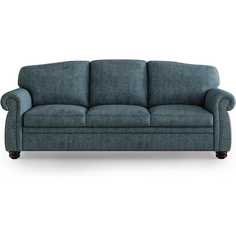 90 Inch 3 Seater Sofa Nailhead Trim Farmhouse Couches with Rolled Arm, 23" Deep Seat