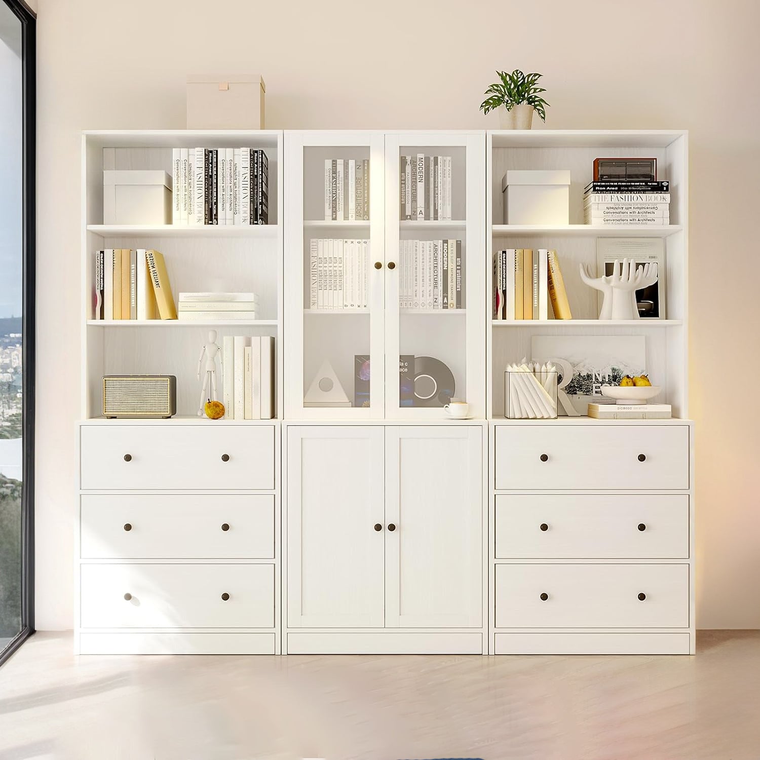 Combination Bookcase 3-Piece Set, 2pcs 71-inch Bookcase with Drawers S ...