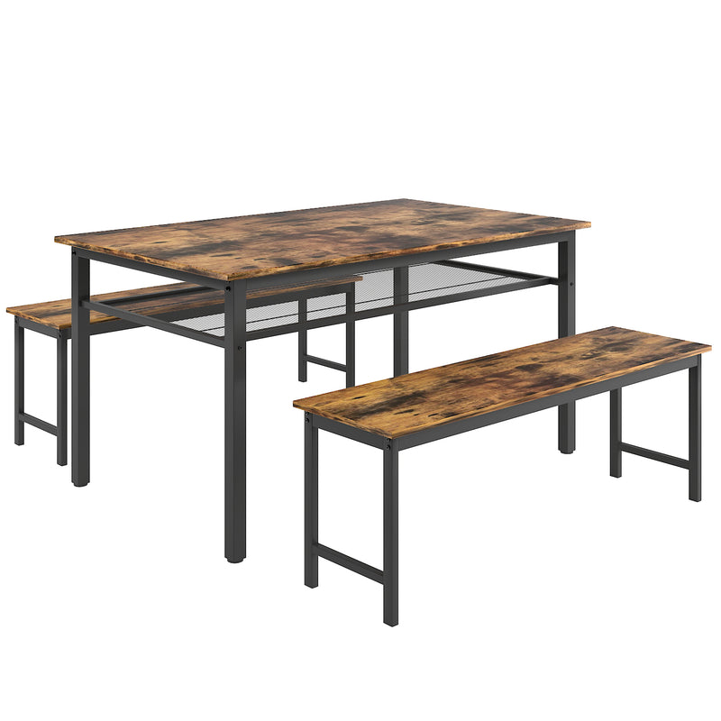 3 Pieces Dining Table Set Industry Style Table with Two Benches