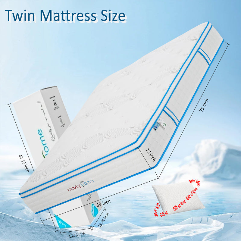 12 Inch Twin Mattress with Pillows, Gel Memory Foam Mattress in a Box, Twin Bed Mattress Individual Pocket Springs Motion Isolation, Medium Firm, Twin