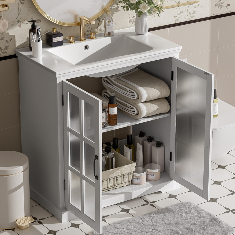 White Bathroom Vanity with Ceramic Sink, Tempered Blurred Glass and Matte Black Handles, Large Storage Space and Rubber Wood Frame